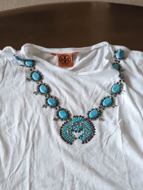 Tory Burch White Tee with Turquoise Beaded Necklace Detail